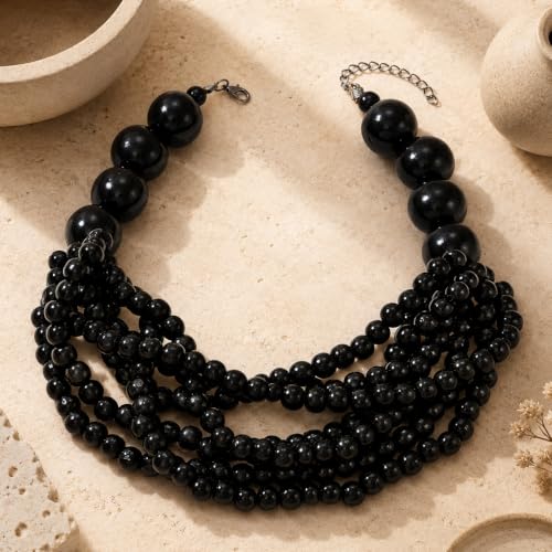 Handmade Layered Wood Bead Necklace for Women - Chunky African Statement Necklace, Natural Khaki Beaded Jewelry, Hypoallergenic & Skin-Safe for Sensitive Skin, Boho Rainbow Inspired Chunky Collar Necklace - color: Black