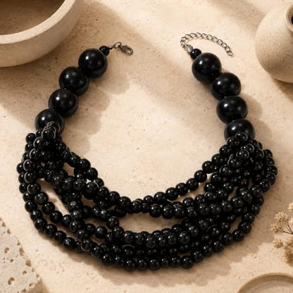 Handmade Layered Wood Bead Necklace for Women - Chunky African Statement Necklace, Natural Khaki Beaded Jewelry, Hypoallergenic & Skin-Safe for Sensitive Skin, Boho Rainbow Inspired Chunky Collar Necklace - color: Black