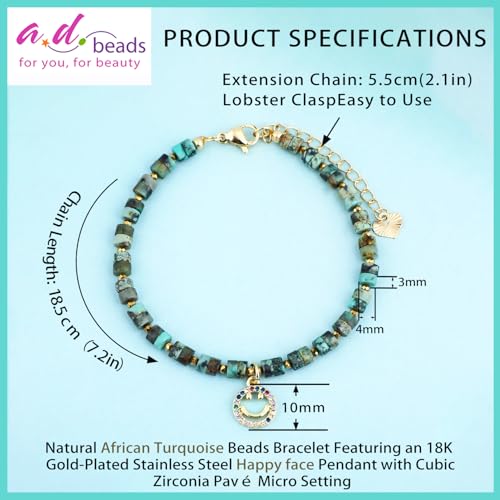 Natural Gemstone Healing Crystal Dainty Charms Bracelet Adjustable Chain Extender Minimalist Jewelry - color: African Turquoise + Happy face