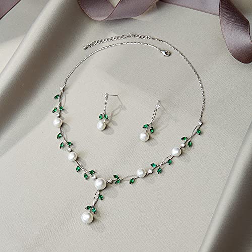 EVER FAITH Cubic Zirconia Pearl Leaf Vine Wedding Jewelry Set for Bride | Crystal Filigree Bridal Necklace Earrings, for Women Bridesmaid - color: 2pcs_Green Silver-Plated-Brass