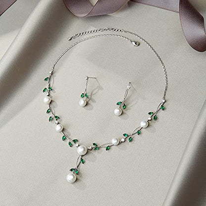 EVER FAITH Cubic Zirconia Pearl Leaf Vine Wedding Jewelry Set for Bride | Crystal Filigree Bridal Necklace Earrings, for Women Bridesmaid - color: 2pcs_Green Silver-Plated-Brass