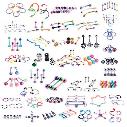 BodyJ4You 120PC Body Piercing Jewelry Kit - CBR BCR Rings Barbells Studs Screws Curved Bars - Belly Button Cartilage Tragus Nose Septum Tongue - 14G 16G 18G 20G Stainless Steel Random Bulk Set - color: 120PC Random Jewelry