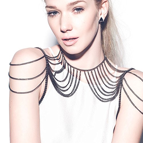 Kercisbeauty Overstate Sexy Shinny Bra Backless Black Body Chain Shoulder Cross Body Harness with Necklace Tank Crop Tops Body Jewelry Waist Chain (Black)