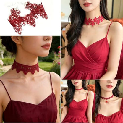 Pink Lace Choker Necklace Set, 10 Pieces - color: Red