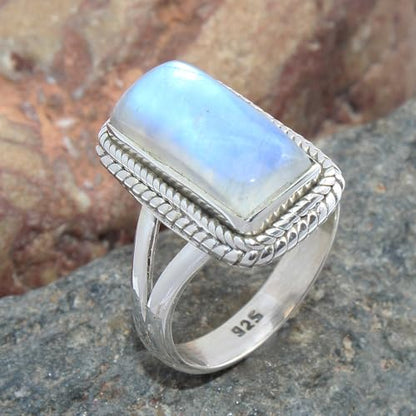 Solid 925 Sterling Silver Ring For Women, Gemstone Ring, Silver Statement Ring, June Birthstone, Bezel Set Rectangle White Gemstone Hypoallergenic Art Deco Ring Christmas Gift
