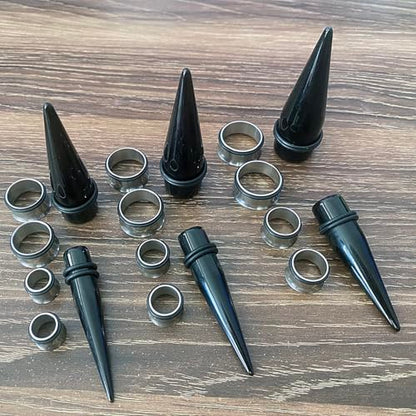 24PC Ear Gauge Stretching Kit Acrylic Tapers and Surgical Steel Tunnels Plugs 00G-20MM Gauge Stretching Kit - color: Black Silver
