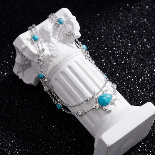 Midir&Etain Beach Anklet Sterling Silver Ocean Layered Rosary Anklet Turquoise Bracelet Double Chain Jewelry Summer Vacation Gift for Women Her - color: Turtle