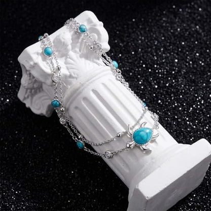 Midir&Etain Beach Anklet Sterling Silver Ocean Layered Rosary Anklet Turquoise Bracelet Double Chain Jewelry Summer Vacation Gift for Women Her - color: Turtle