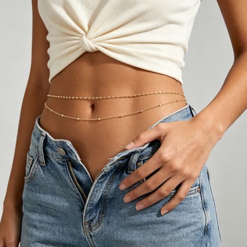 2Pcs Layered Gold Belly Chain for Women - Adjustable Waist Chain with Beads, Starfish & Shell Charms, Dainty Double Layer Body Jewelry, Boho Ocean Beach Bikini Accessories for Summer Vacation