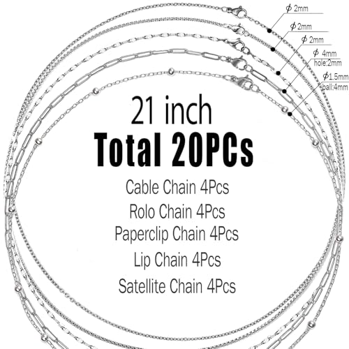 20Pcs (5 Styles) Stainless Steel Chains for Jewelry Making (Silver 21in) | Bulk Silver & Gold Plated Chains, Satellite, Paper Clip, Lip, Rolo, Cable, Jewelry Making - color: Silver (21 inch)