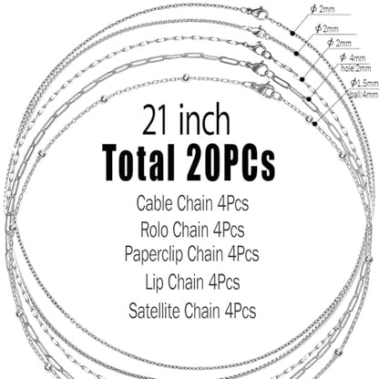 20Pcs (5 Styles) Stainless Steel Chains for Jewelry Making (Silver 21in) | Bulk Silver & Gold Plated Chains, Satellite, Paper Clip, Lip, Rolo, Cable, Jewelry Making - color: Silver (21 inch)