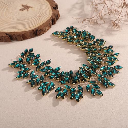 Missgrace Women Silver Green Black Red Blue Handmade Full Crystal Rhinestone Large Headband Hair Vine Shinny Headpiece Bridal Wedding Hair Accessories for Women (Peacock green) - color: Peacock green