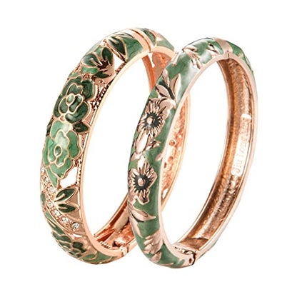 UJOY Cloisonne Bangle Colorful Enamel Filigree Rose Flower Hollowed Crystal Bracelet for Women Gifts 88A09 - color: C06-2 Pcs Set/Rose-Green