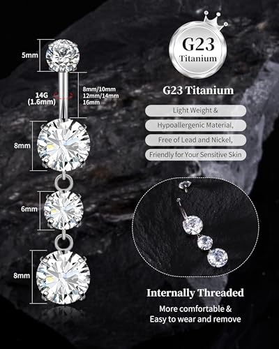 G23 Titanium Dangle Belly Button Rings for Women Sparkling CZ Navel Rings 14G Internally Threaded Belly Piercing Jewelry Teardrop Dangling Belly Rings Gold/Silver - color: Silver, size: 10MM