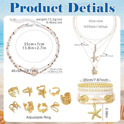 Boho Beach Jewelry Sets for Women | Summer Seashell Starfish Accessories, Necklace, Earrings, Rings Anklet - style: 24pcs Boho Beach Set