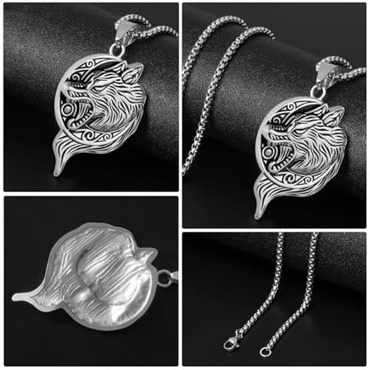 Stainless Steel Gothic Y2K Punk Rock Emo Biker Pendant Necklace | Cosplay Vintage Viking Alt Edgy Fashion Charm Necklace Jewelry for Men Women Active Daily Wear - style: Wolf Head Moon Medallion Silver