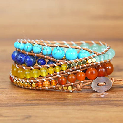 Boho Wrap Bead Bracelet for Women - Handmade Adjustable Natural Stone Beaded Bracelets Yoga Healing Bracelet Bangle Hippie Jewelry - color: Chakras