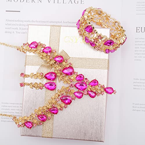 CSY Elegant Crystal Costume Jewelry Sets Flower Bridal Necklace Earrings Stretch Bangle Set for Bride Bridesmaid Wedding Dress Accessories - color: hot pink crystal-gold tone