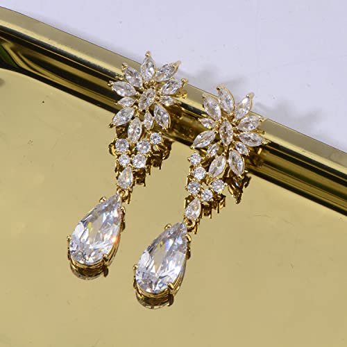 CZ Bridal Earrings for Wedding - 14k Plated Sterling Silver Elegant Teardrop Cubic Zirconia Crystal Rhinestone Floarl Leaf Cluster Chandelier Statement Dangle Drop Earrings for Bride Bridesmaids Party - color: Yellow Gold