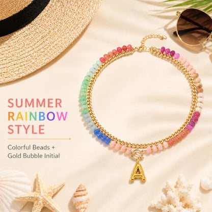 Colorful Beaded Bubble Letter Necklace For Women, Boho Double Layer Dopamine Rainbow Resin Beads Thick Cuban Chain Chunky With Initials Pendant Necklaces Summer Beach Jewelry Gift ﻿ - color: Dop F