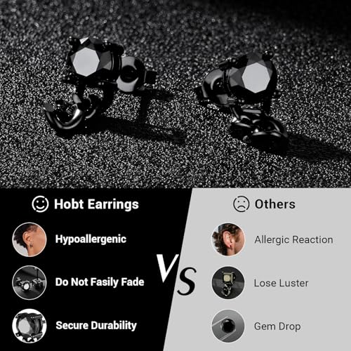 Black Moissanite Stud Earrings for Men Women with Dangling Cuban Links Hypoallergenic Punk Hoop Earrings Mens Jewelry Gifts - color: B- 1.6 carats-(0.8ct*2)-6mm-Round Moissanite Studs