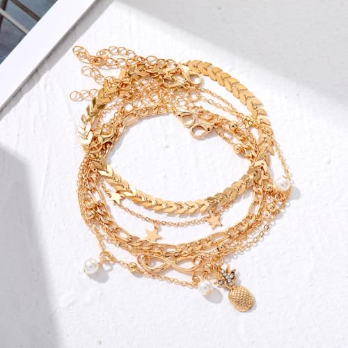 Fesciory 14K Gold Plated Ankle Bracelets Sets For Women, Adjustable Layered Infinite Anklet, Summer Beach Butterfly Star Foot Chain Jewelry Gifts - style: Pineapple(Gold)