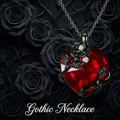 Gothic Necklace 18K Black Gold Plated Black Rose Rib Cage Heart Crystal Pendant Necklace Goth Skull Skeleton Jewelry Gifts for Women Halloween Gothic Party - color: Black Rose