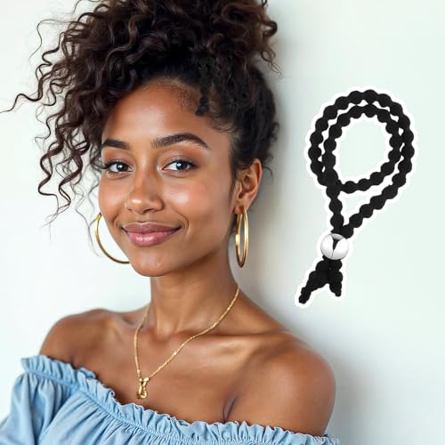 6 Piece Adjustable No-Slip Hair Ties Black Drawstring Hair Accessories Silk Soft Afro Puff Cuff Drawstring Ponytail Holders Satin Hairband Black Elastic Hairs Scrunchies for Curly Thick Heavy Hairs