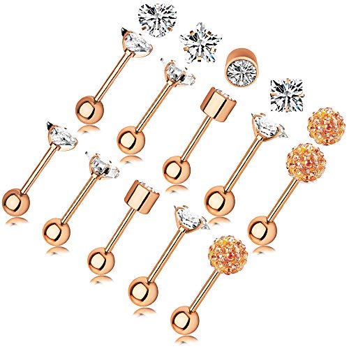 10 Pairs 16g Ear Cartilage Helix Surgical Stainless Steel Cubic Zirconia Stud Cartilage Earrings Huggie Screw Backs Ear Tragus Auricle Cute Love Heart Flower Barbell Piercing Set 4mm - color: Rose Gold