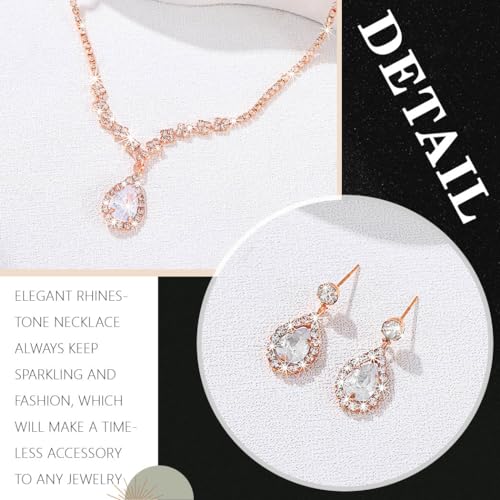JAKAWIN Silver Rhinestone Jewelry Set Wedding Necklace Earrings for Women - color: C Rose Gold