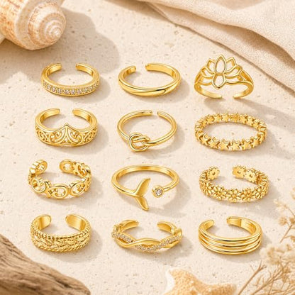 12PCS Toe Rings for Women 14K Gold/Silver Plated Adjustable Toe Ring Set Open Heart Arrow Infinity Rings Beach Foot Jewelry for Summer - color: Set2