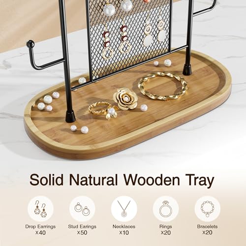 bussdis Jewelry Holder Organizer Earring Display - Earring Storage Tree Stands Towers With 6 Hooks 300 Studs Wood Tray Black Metal Rack - color: Black