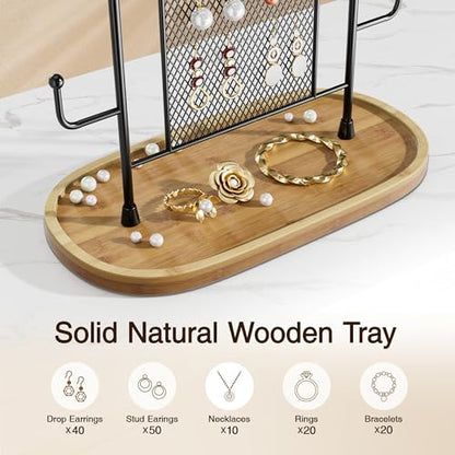 bussdis Jewelry Holder Organizer Earring Display - Earring Storage Tree Stands Towers With 6 Hooks 300 Studs Wood Tray Black Metal Rack - color: Black