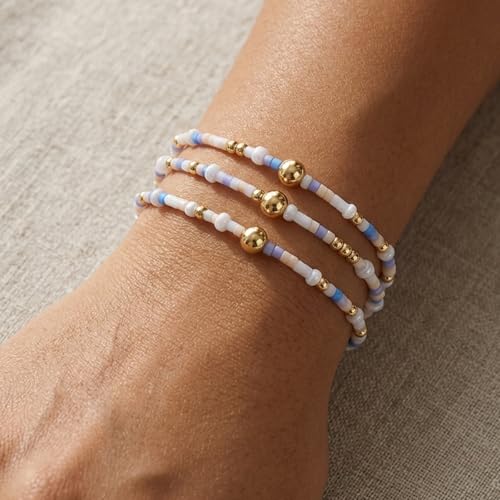 Dainty Gold Plated Tiny Ball Colorful Beaded Stack Bracelets Sets for Women,3Pcs Stackable Cute Bracelet Stretch Trendy Ball Jewelry Friendship Gift - color: lake-blue