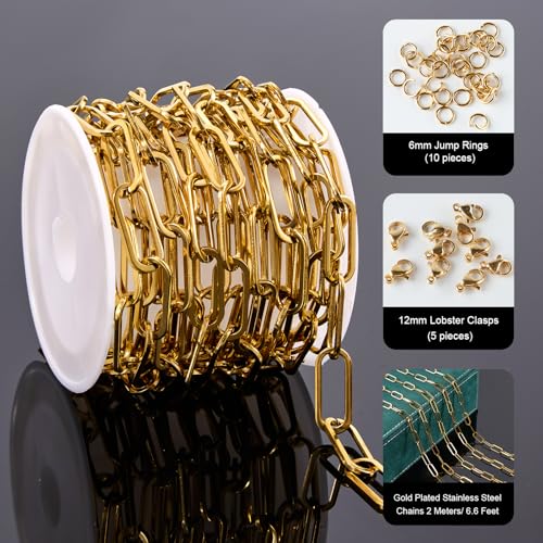 UMAOKANG 6.6 Feet Paperclip Chain for Jewelry Making Gold Plated Stainless Steel Bulk Chain on Spool - color: Paperclip Gold