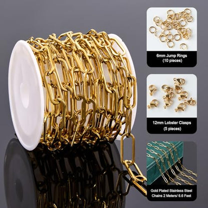 UMAOKANG 6.6 Feet Paperclip Chain for Jewelry Making Gold Plated Stainless Steel Bulk Chain on Spool - color: Paperclip Gold