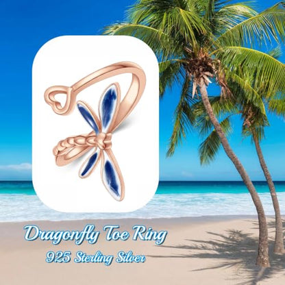 Dragonfly Toe Ring for Women 925 Sterling Silver Dragonfly/Butterfly/Cat/Paw Toe Rings Adjustable Open Ring for Women Christmas Jewelry Gift - color: Dragonfly-Toe-Rose Gold