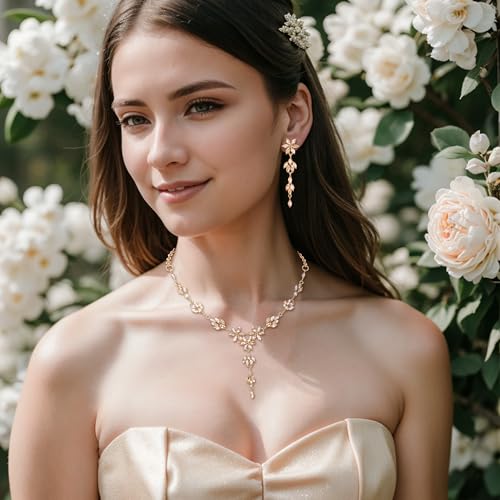 EVER FAITH Crystal Flower Wedding Prom Jewelry Set for Bride Bridesmaid | Rhinestone Costume Party Y-Shaped Necklace Dangle Earrings Bracelet, for Women - color: Champagne Gold-Tone