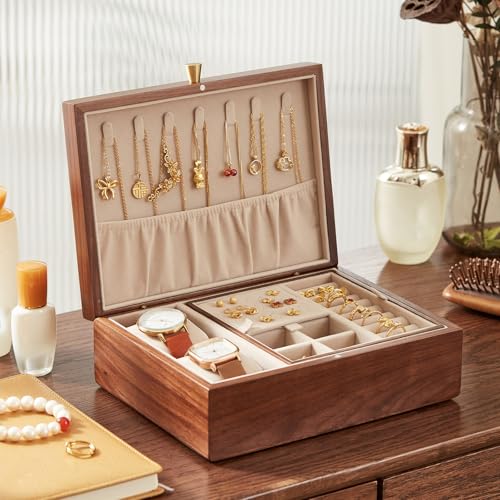 CHOSIN Walnut Wood Jewelry Box with Removable Tray, Vertical Necklace Hooks | 2 Layers Black Walnut Jewelry Organizer, For Watches Rings Earrings Necklace Bracelets, Velvet Interior, Gift for Her - style: 2 Layer B