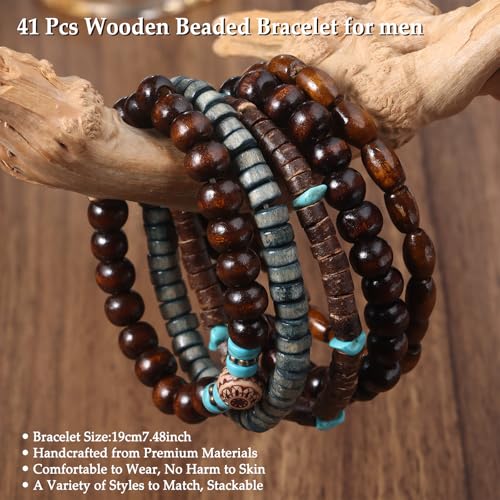 Giovanchi 41/44 PCS Wooden Beaded Bracelets for Men Larger Size Adjustable Punk Braided Wooden Bracelet Bulk Wood Bangles Wristbands Meaningful Jewelry Gift - style: Style B:41 PCS