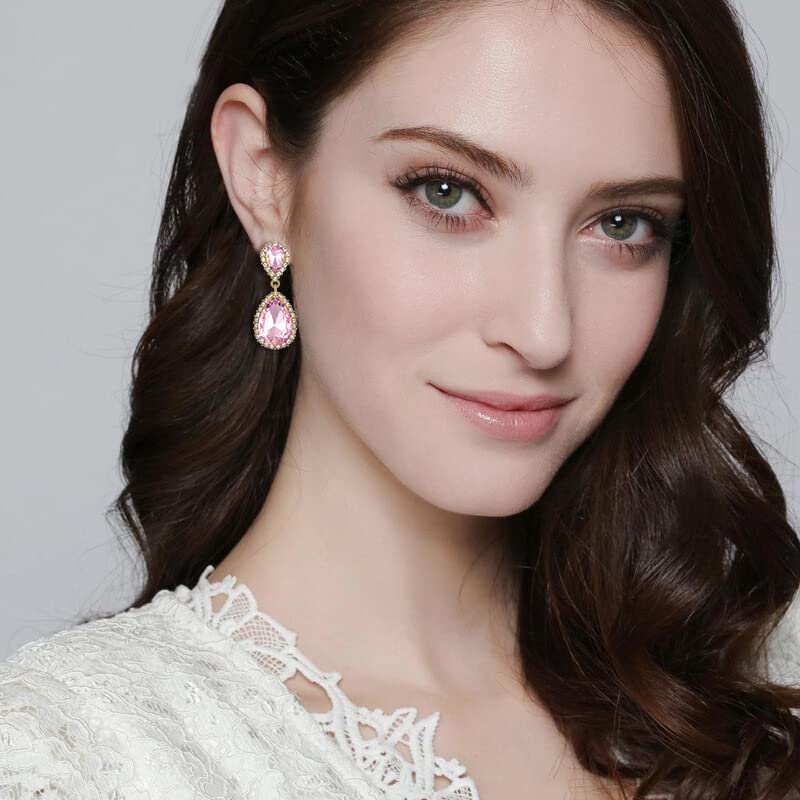 EVER FAITH Women's Austrian Crystal Wedding Tear Drop Dangle Earrings | Bridal Prom Jewelry for Bride Bridesmaid - color: Pink Gold-Plated-Base