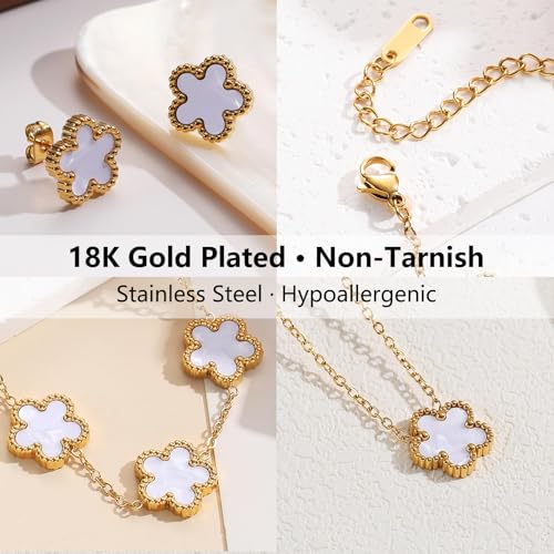 Clover Jewelry Set for Women, 18K Gold Plated Necklace Bracelet & Stud Earrings Set, Stainless Steel Non Tarnish Gold Jewelry Set, Lucky Necklace and Earring Set Gift for Her - color: White