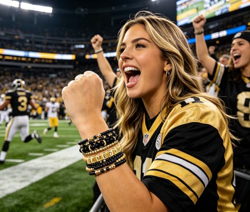 ZOLEAROPY Game Day Bracelets Stack Football Bracelets for Women Men Stackable Game day Bracelet Accessories Football Mom Outfit Jewelry Gifts - color: black gold