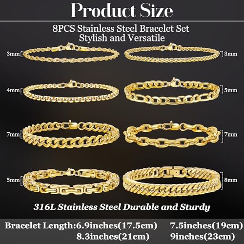 8Pcs Stainless Steel Bracelets for Men Women Sturdy Cuban Link Bracelet Curb Rope Figaro Paperclip Chain Bracelets Set Jewelry Gifts for Men, 6.9/7.5/8.3/9 Inches - color: Gold