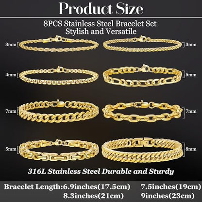 8Pcs Stainless Steel Bracelets for Men Women Sturdy Cuban Link Bracelet Curb Rope Figaro Paperclip Chain Bracelets Set Jewelry Gifts for Men, 6.9/7.5/8.3/9 Inches - color: Gold