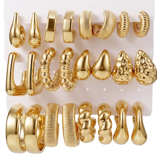 12 Pairs Chunky Gold Hoop Earrings Set for Women | Thick tube hoops, teardrop shapes, ribbed and twisted textures, hammered finish, lightweight trendy everyday jewelry set