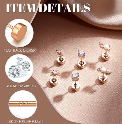 14K Gold Plated 925 Sterling Silver Flat Back Earrings Set | Hypoallergenic Cartilage Helix Conch Tragus Piercing Jewelry 3 Pairs Small Screw Dainty CZ Opal Earring Set Men Women - color: Rose Gold, Style A