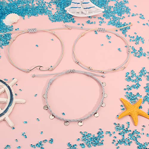 Waterproof String Anklets Cute Beaded Ankle Bracelets Beach Wave Anklet Stainless Steel Coin Boho Ankle Jewelry for Women - color: Light Grey