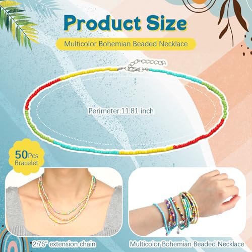 Liliaafar 50 Pcs Beaded Choker Necklace Bulk for Women Boho Seed Bead Choker Set Hawaiian Luau Handmade Turquoise Beach Beads Necklace Chain Adjustable Colorful Cute Bohemian Chain for Women Jewelry