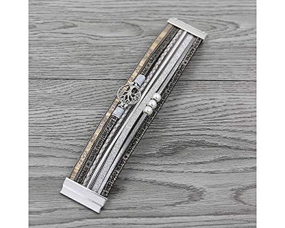 Fesciory Leather Wrap Bracelet for Women, Boho Western Layered Cuff Jewelry | Stackable Bracelets, Easy-On Clasp, Daily Wear, Pairs with Boho Western Outfits, Gift for Women - color: Grey1
